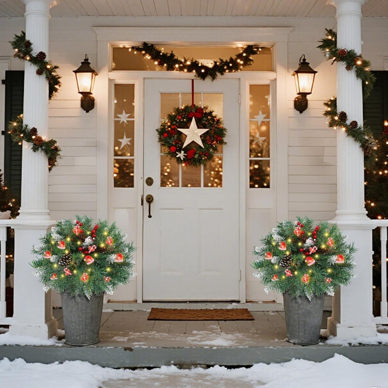 Dr.DuDu 15 Inch Outdoor Christmas Decorations Urn Filler for Front Porch- 2 Pack Lighted Christmas Pot Fillers with Stake, Xmas Pine Trees with Timer for Outside Home Décor - Image 4
